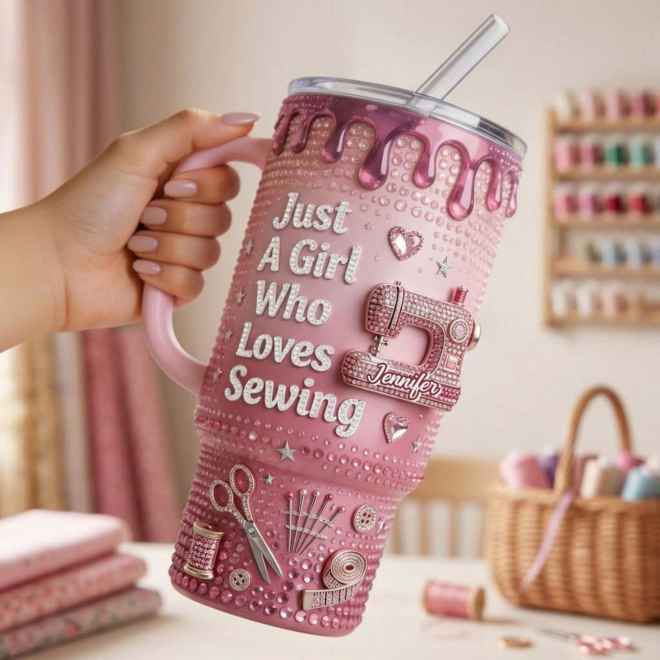 Just A Girl Who Loves Sewing - Personalized Sewing Tumbler With Handle