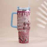 Just A Girl Who Loves Sewing - Personalized Sewing Tumbler With Handle