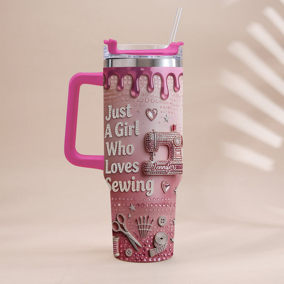 Just A Girl Who Loves Sewing - Personalized Sewing Tumbler With Handle
