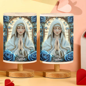 You're Forever Protected By Mary - Personalized Christian Table Lamp with Wood Base