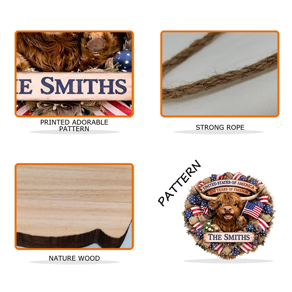 Highland Cow Celebrate 250th Anniversary - Personalized Highland Cow Shaped Wood Sign With Sash