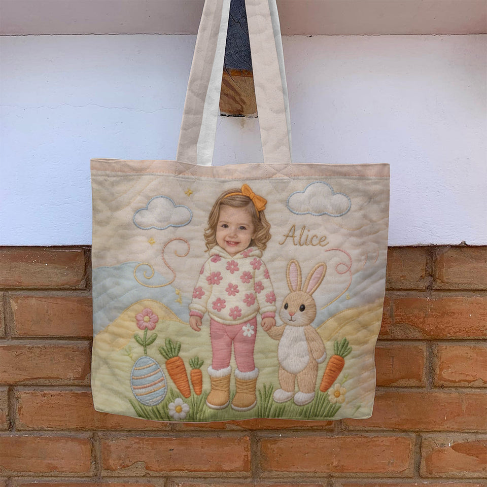 Custom Easter Bunny Tote Bag For Egg Hunt - Personalized Kid Quilted Tote Bag