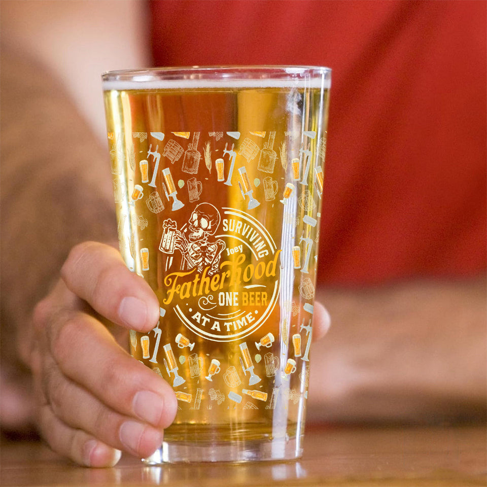 Surviving Fatherhood One Beer At A Time - Personalized Father Beer Glass