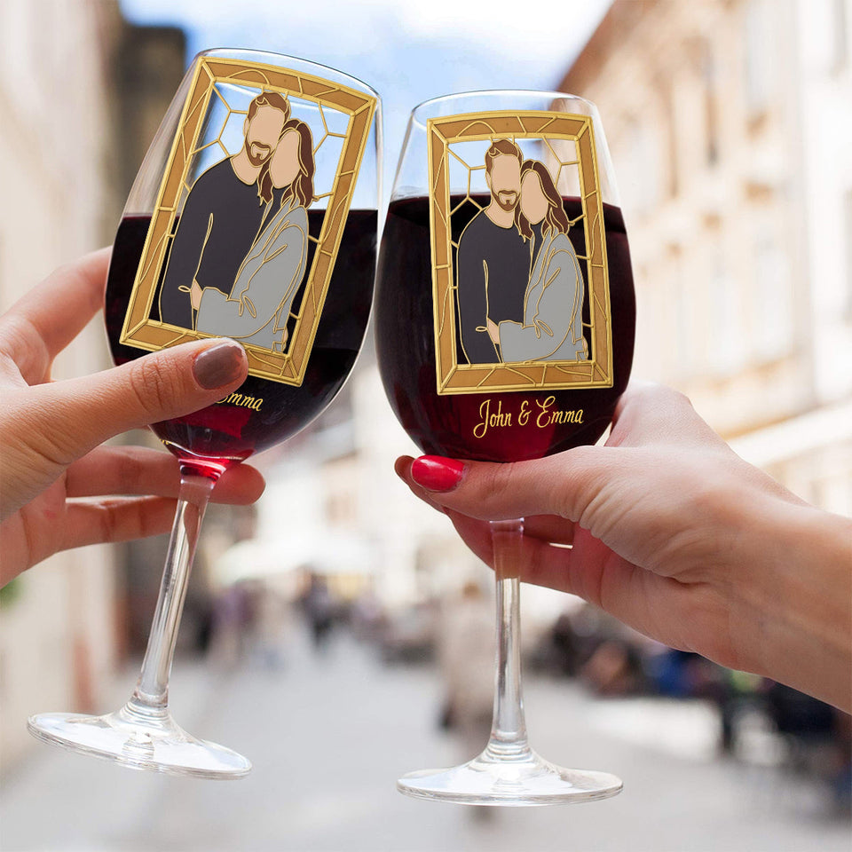 Custom One Line Art From Photo, Hand Painted Stained Glass Style - Personalized Couple Wine Glass With Long Stem