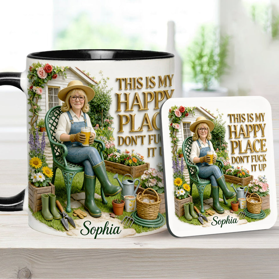 Garden Is My Happy Place - Personalized Gardening Accent Mug & Coaster