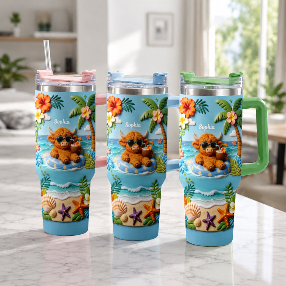 Summer Vibes - Personalized Highland Cow Tumbler With Plush Charm