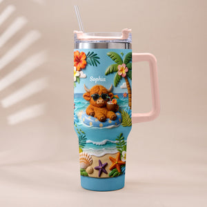 Summer Vibes - Personalized Highland Cow Tumbler With Plush Charm