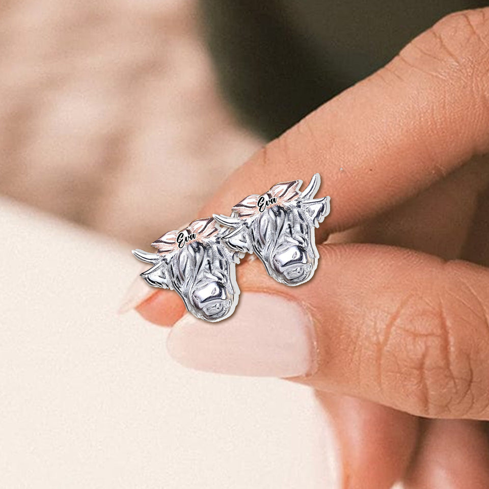 Western Style Bow Bull - Personalized Highland Cow Stud Earrings
