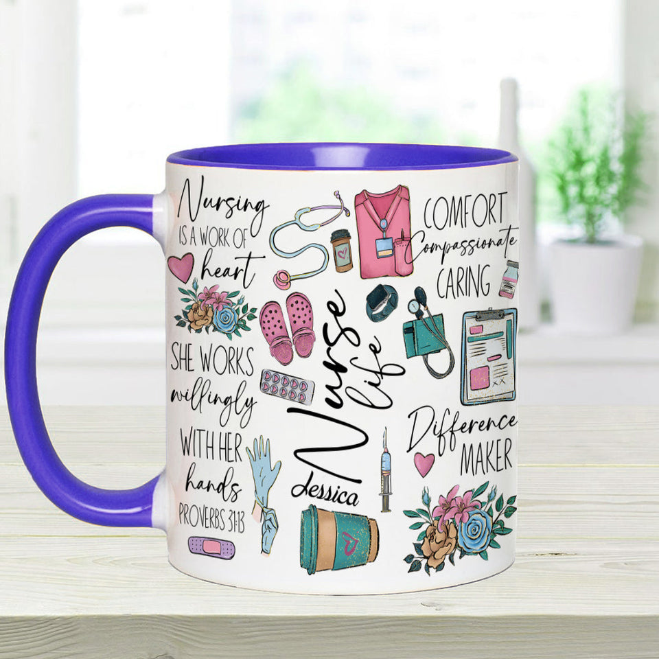 Nursing Is A Work Of Heart - Personalized Nurse Accent Mug