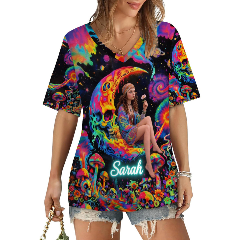 Custom Any Photo Hippie Skull Psychedelic - Personalized Hippie Fully Printed V-Neck T-Shirt