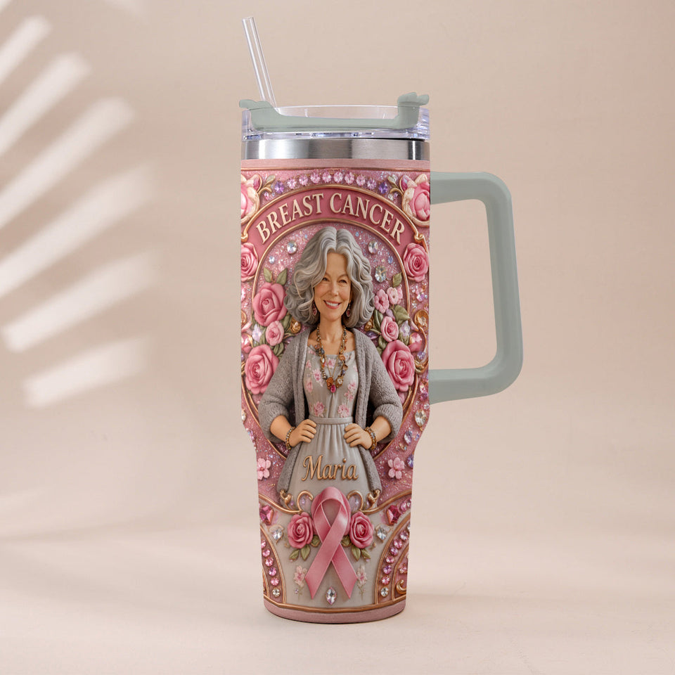 Hope Strength Love - Personalized Breast Cancer Awareness Tumbler With Plush Charm