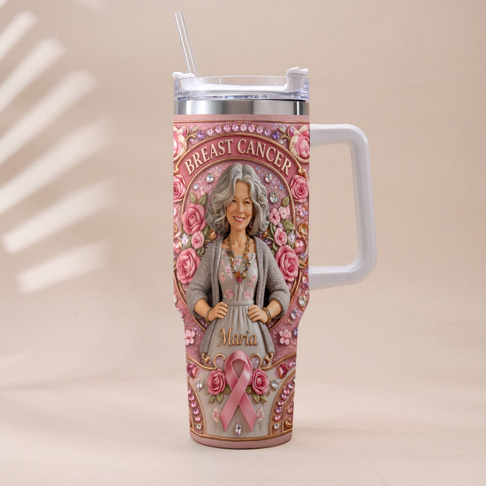 Hope Strength Love - Personalized Breast Cancer Awareness Tumbler With Plush Charm