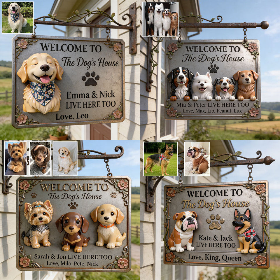 Welcome To Dog's House - Personalized Dog Cut Metal Sign