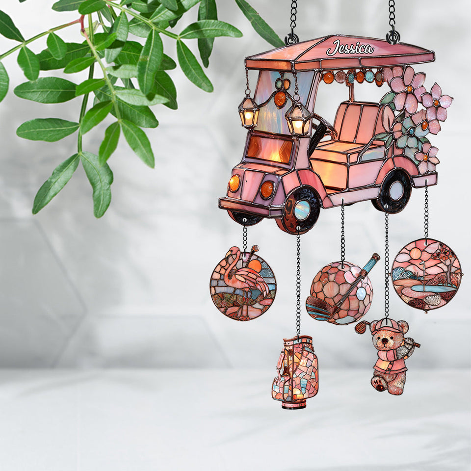 Golf Cart - Personalized Golf Window Hanging Suncatcher With Charms