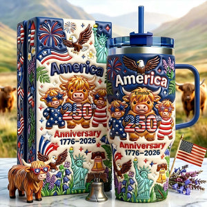 Cute Highland Cow America 250th Anniversary - Personalized Highland Cow Tumbler With Handle