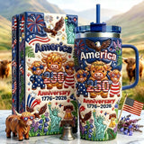 Cute Highland Cow America 250th Anniversary - Personalized Highland Cow Tumbler With Handle