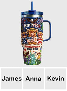 Cute Highland Cow America 250th Anniversary - Personalized Highland Cow Tumbler With Handle