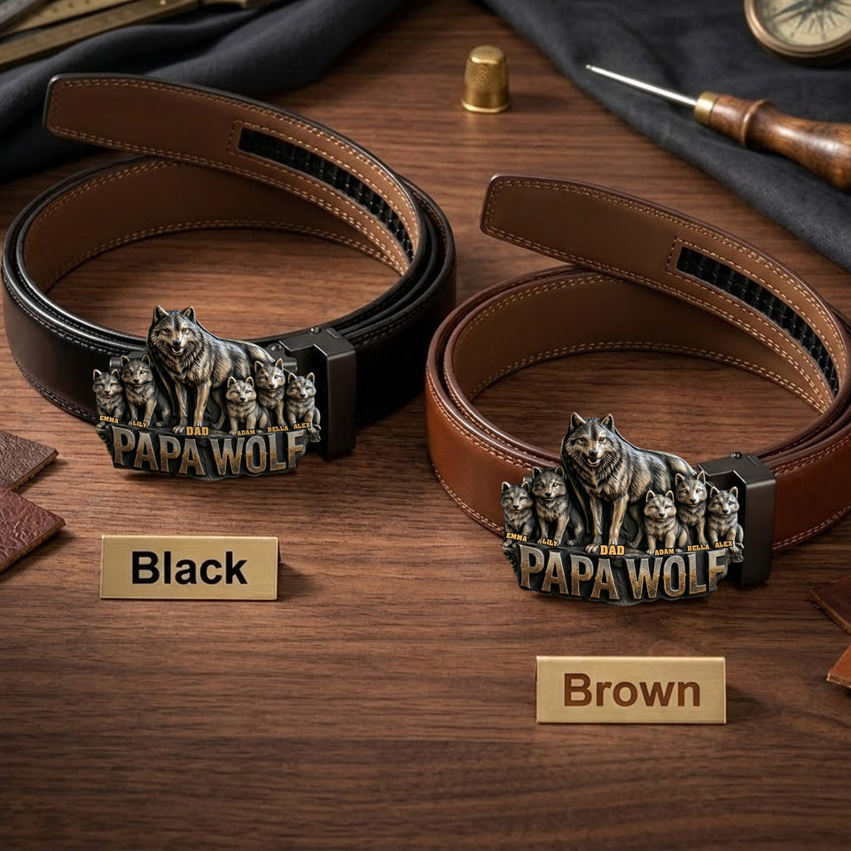 Papa Wolf Gift For Father Grandfather - Personalized Father Leather Belt With Shaped Buckle