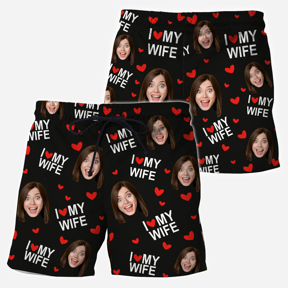 I Love My Husband - Personalized Couple Triangle Bikini Swimsuit And Men Shorts