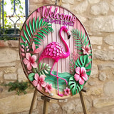 Welcome - Personalized Flamingo Round Wood Sign