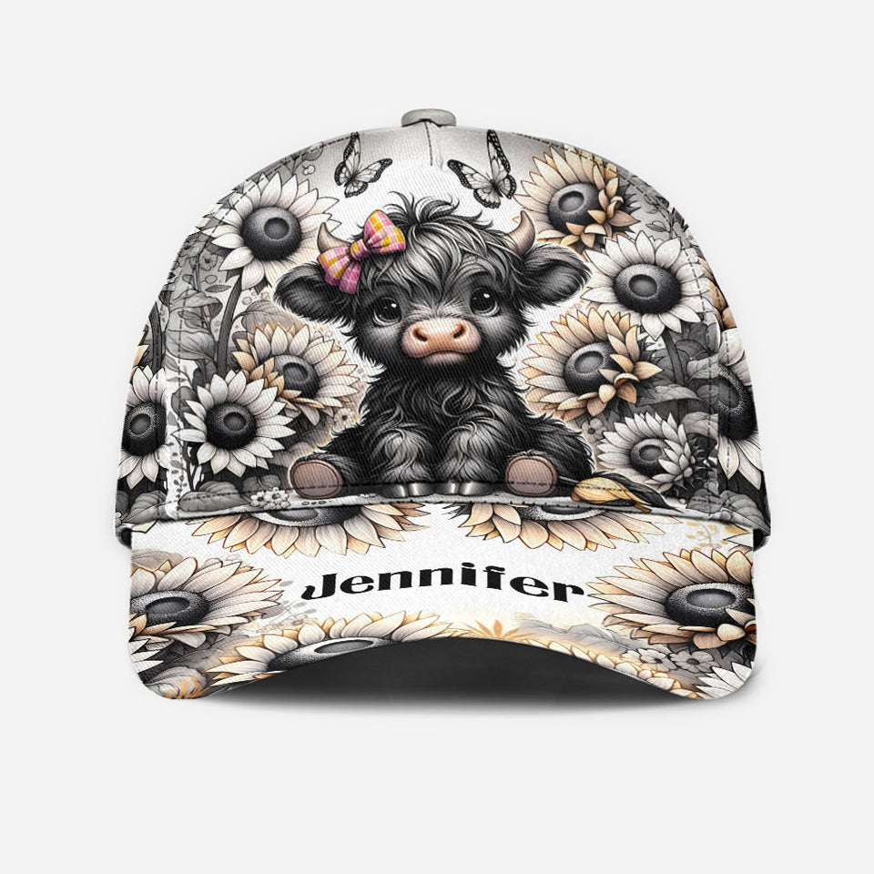 Black and White Highland Cow Flower - Personalized Highland Cow Classic Cap