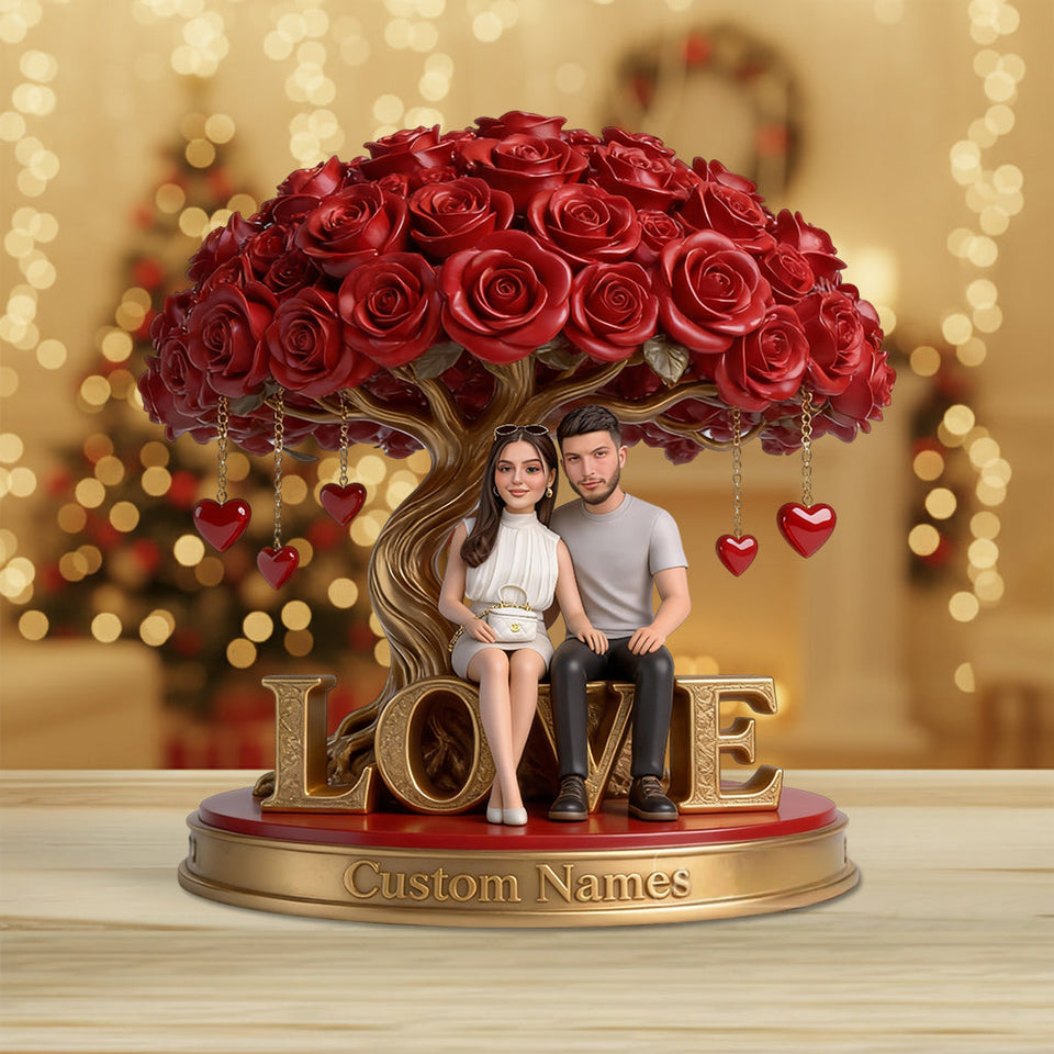 Custom Lesbian Couple Figurine Statue under Red Rose Tree, Engraved Name, Romantic Same Sex LGBT Anniversary Wedding Gift Home Decor
