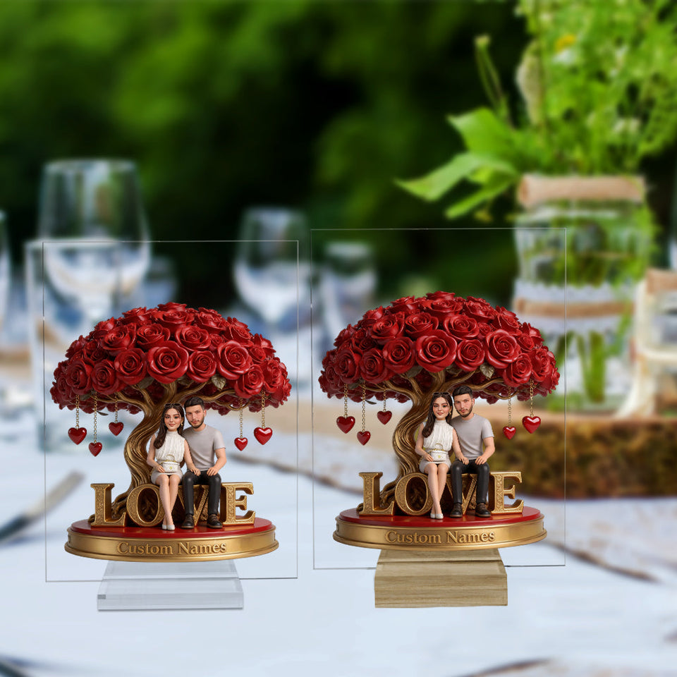 Custom Lesbian Couple Figurine Statue under Red Rose Tree, Engraved Name, Romantic Same Sex LGBT Anniversary Wedding Gift Home Decor
