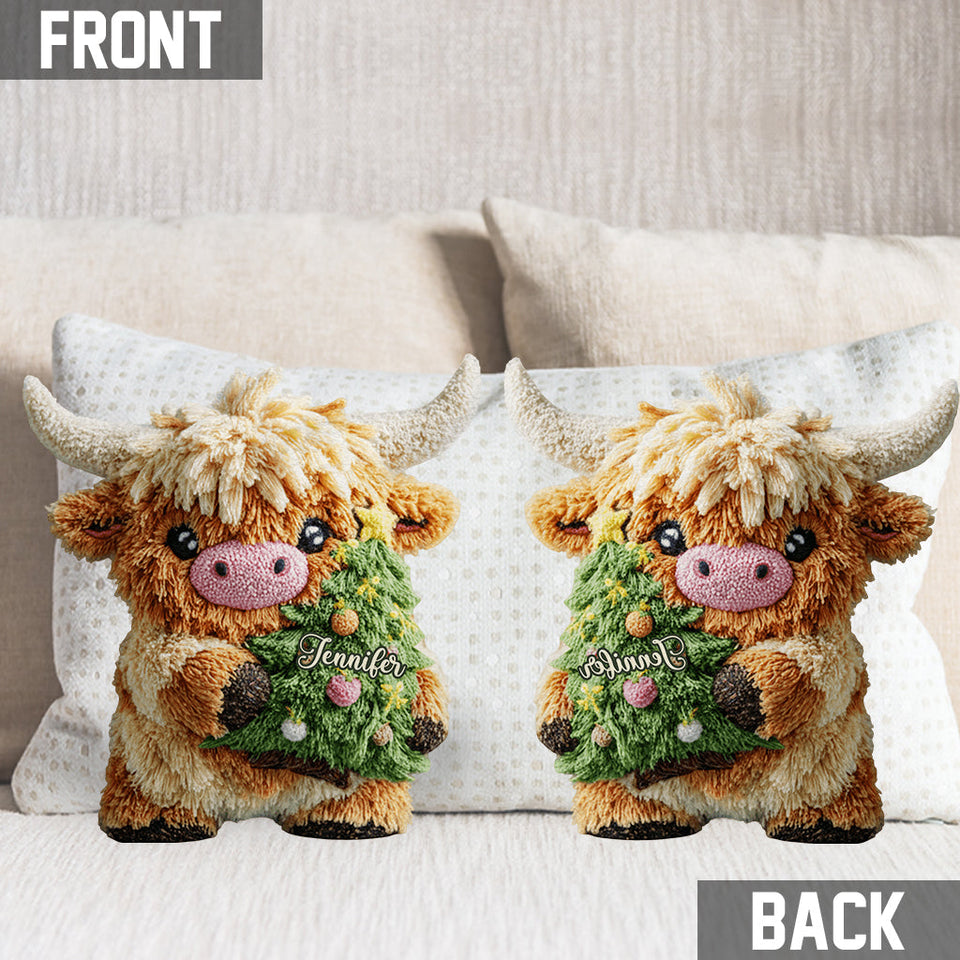Cute Highland Cow Merry Christmas - Personalized Highland Cow Shaped Pillow