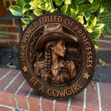 In A World Fulled Of Princesses Be A Cowgirl - Personalized Cowgirl Round Wood Sign