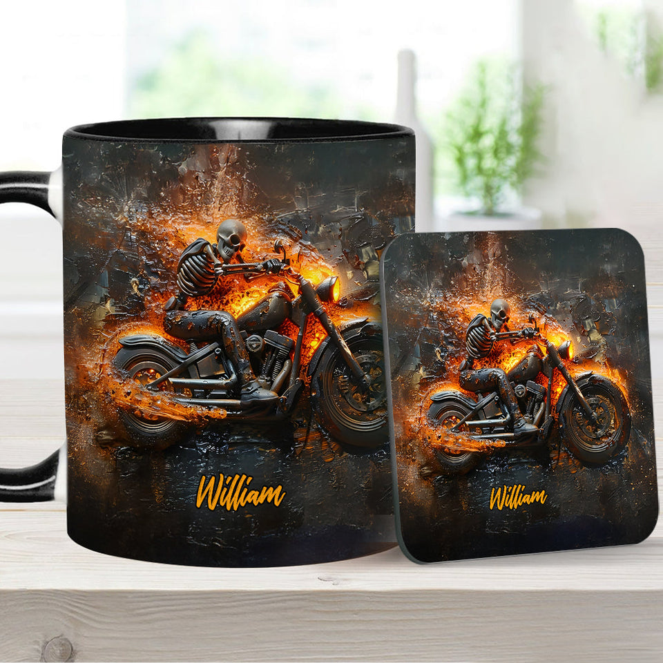 Skeleton Riding Flaming Motorcycle - Personalized Biker Accent Mug