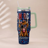 Land Of The Free - Personalized Highland Cow Tumbler With Plush Charm