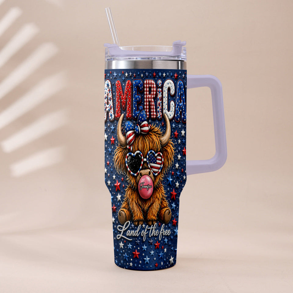 Land Of The Free - Personalized Highland Cow Tumbler With Plush Charm