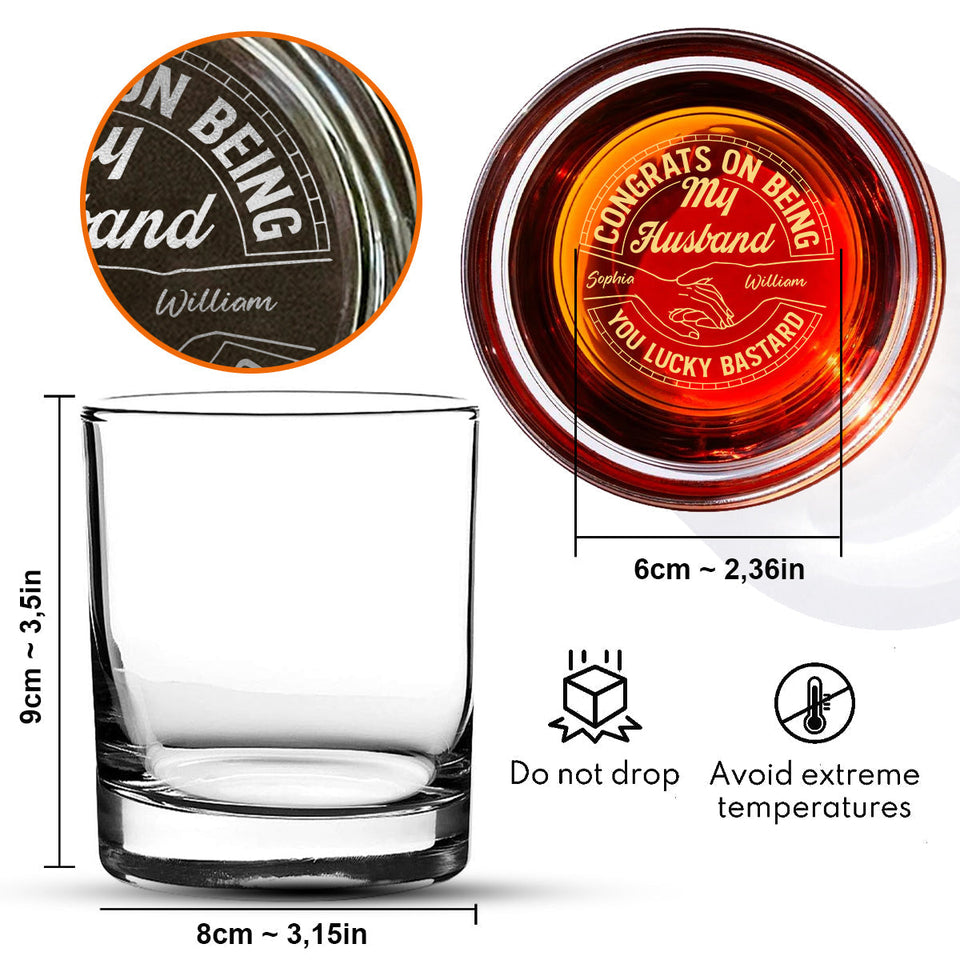 Couple Congrats On Being My Husband You Lucky Man - Personalized Couple Engraved Whiskey Glass