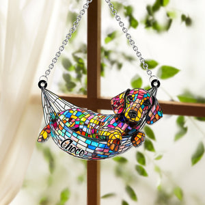 Stained Glass Chilling Dog - Personalized Dog Window Hanging Suncatcher Ornament