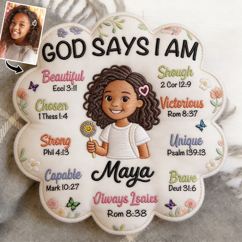 God Says I Am - Affirmation Gift - Personalized Kid Faux Fur Shaped Pillow
