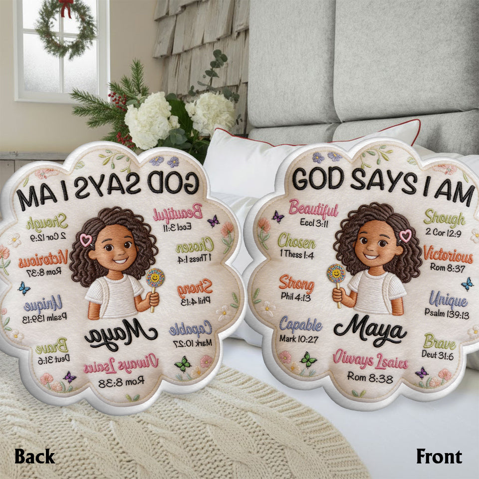 God Says I Am - Affirmation Gift - Personalized Kid Faux Fur Shaped Pillow