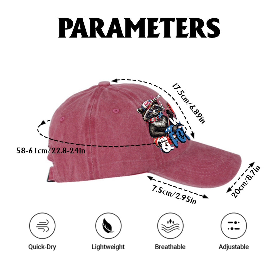 Red, White & Feral Racoon - Personalized Independence Day/ 4th of July Washed Denim Cap
