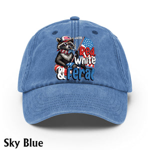 Red, White & Feral Racoon - Personalized Independence Day/ 4th of July Washed Denim Cap