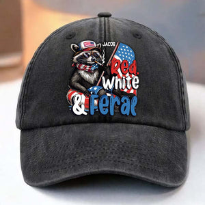 Red, White & Feral Racoon - Personalized Independence Day/ 4th of July Washed Denim Cap