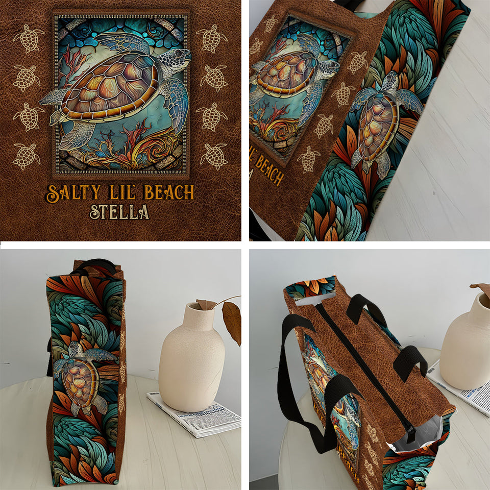 Salty Lil Beach - Personalized Turtle All-Over Print Canvas Tote Bag