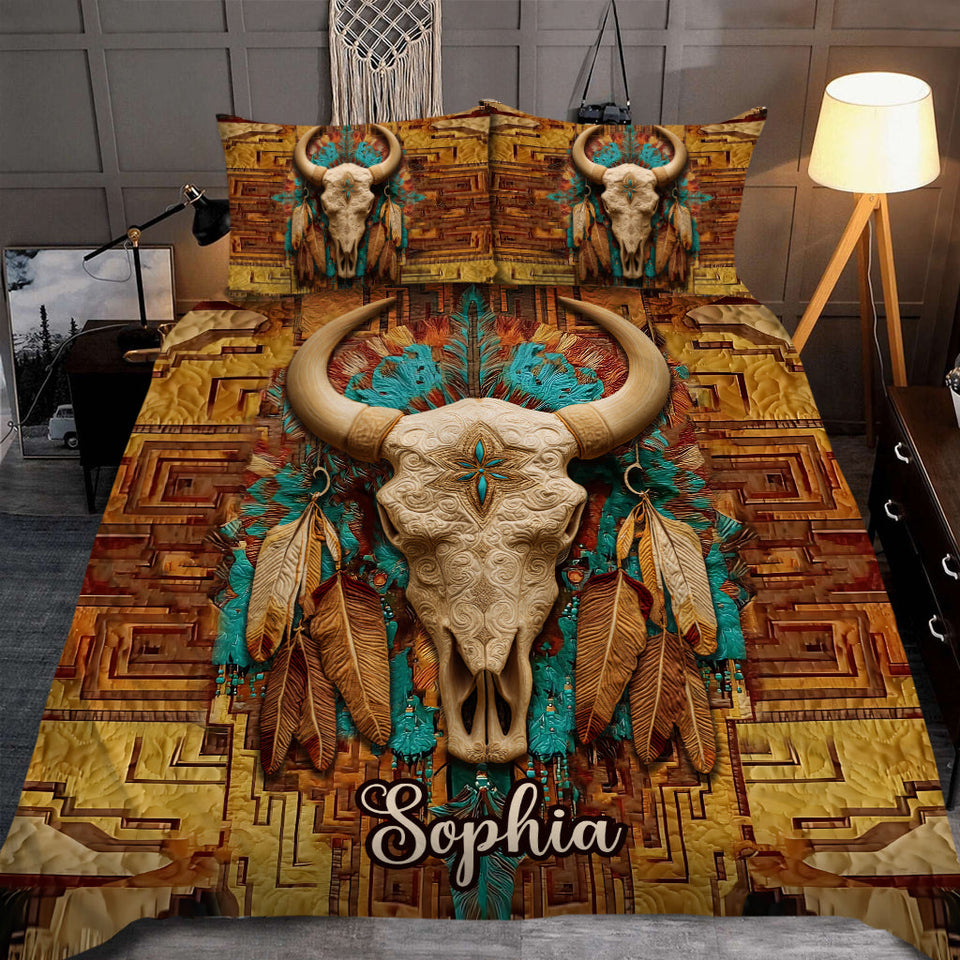 Native Bull Skull - Personalized American Indian Bedding Set