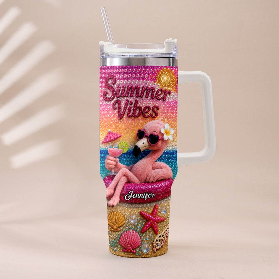 Love Flamingo Summer Vibes - Personalized Flamingo Tumbler With Plush Charm