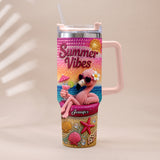 Love Flamingo Summer Vibes - Personalized Flamingo Tumbler With Plush Charm