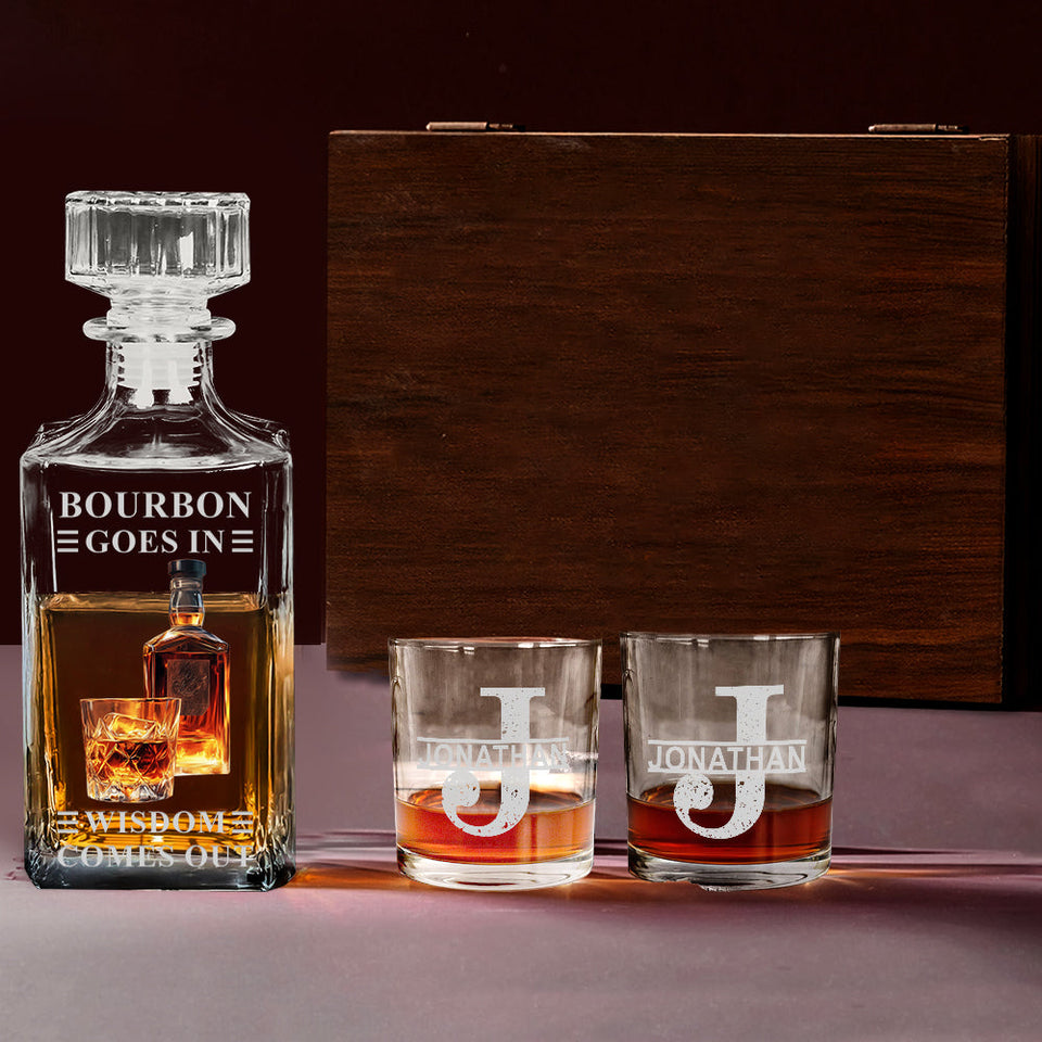 Bourbon Whiskey Goes In Wisdom Comes Out - Personalized Whisky Whiskey Decanter Set
