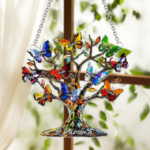 Grandma Mom Butterfly Tree - Personalized Grandma Window Hanging Suncatcher Ornament