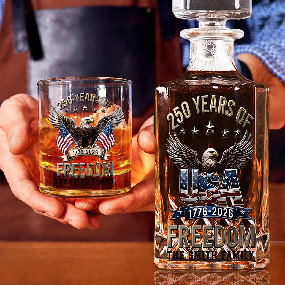 America 250th Anniversary Gifts For Family - Personalized Independence Day/ 4th of July Whiskey Decanter Set