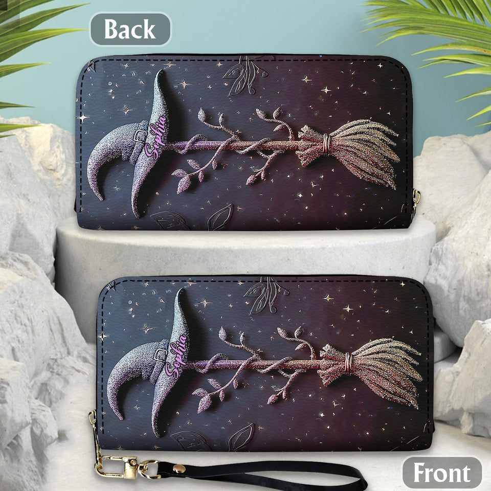 Magical, Glittering Witch Hat And Broomstick - Personalized Witch Leather Long Wallet