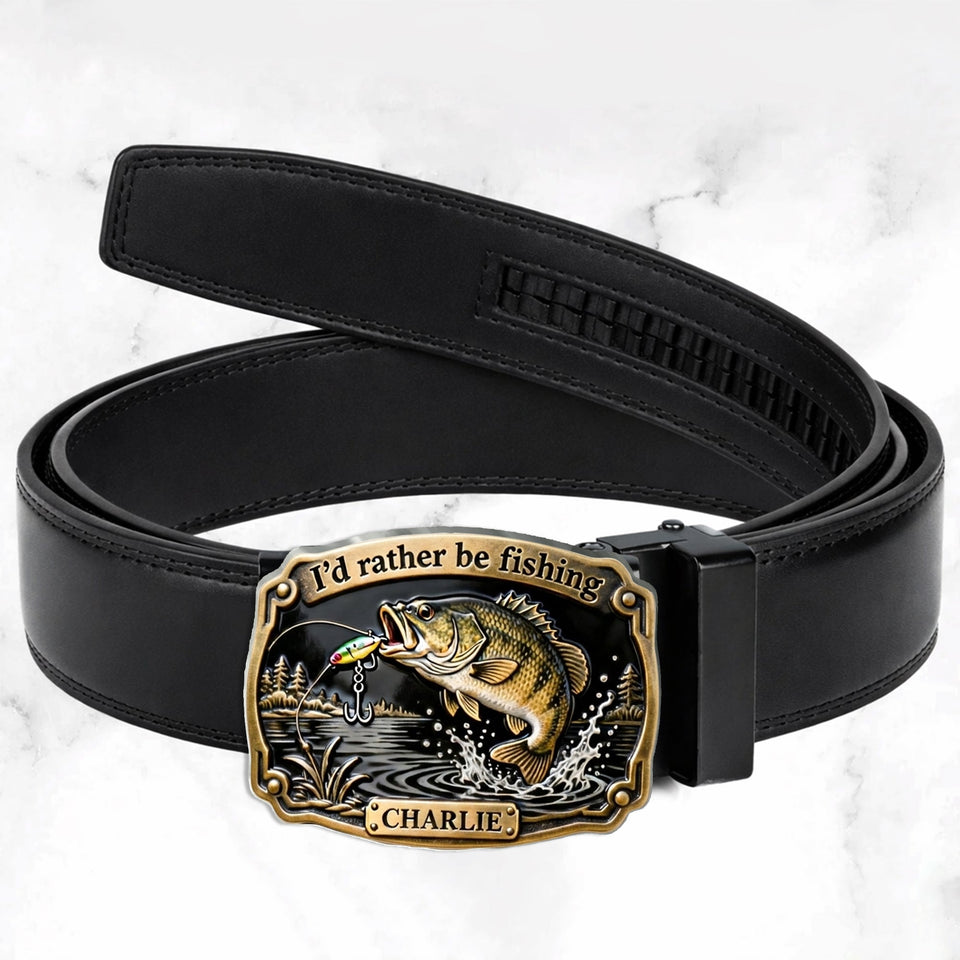 I'd Rather Be Fishing - Personalized Fishing Leather Belt With Shaped Buckle