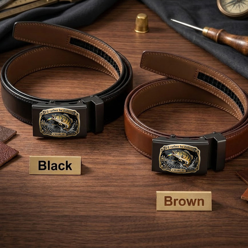 I'd Rather Be Fishing - Personalized Fishing Leather Belt With Shaped Buckle