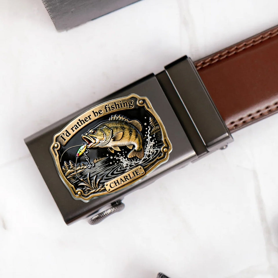 I'd Rather Be Fishing - Personalized Fishing Leather Belt With Shaped Buckle